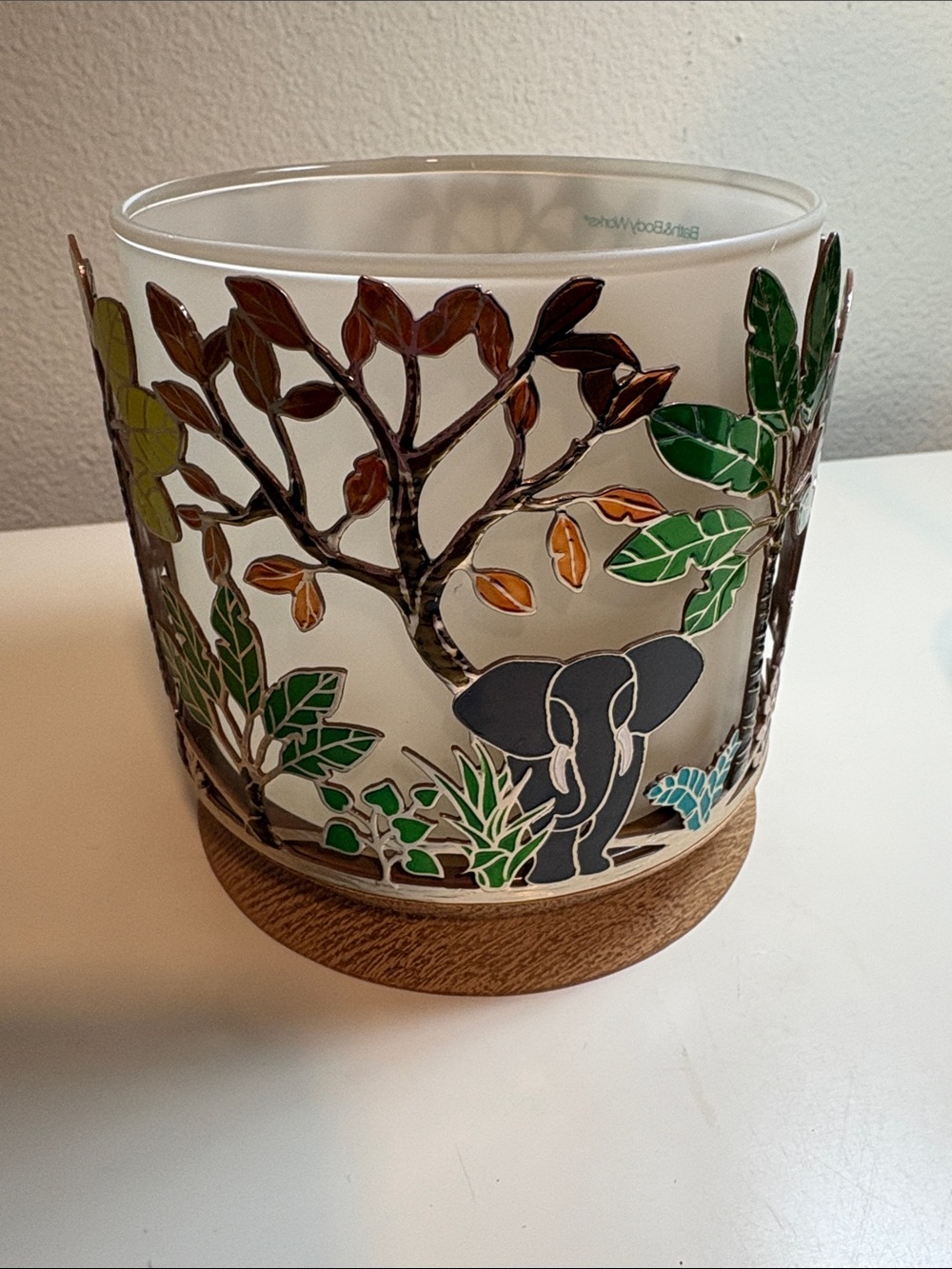 Bath & Body Works Elephant Jungle enameled metal Candle Holder with Wooden Base - Picture 6 of 15